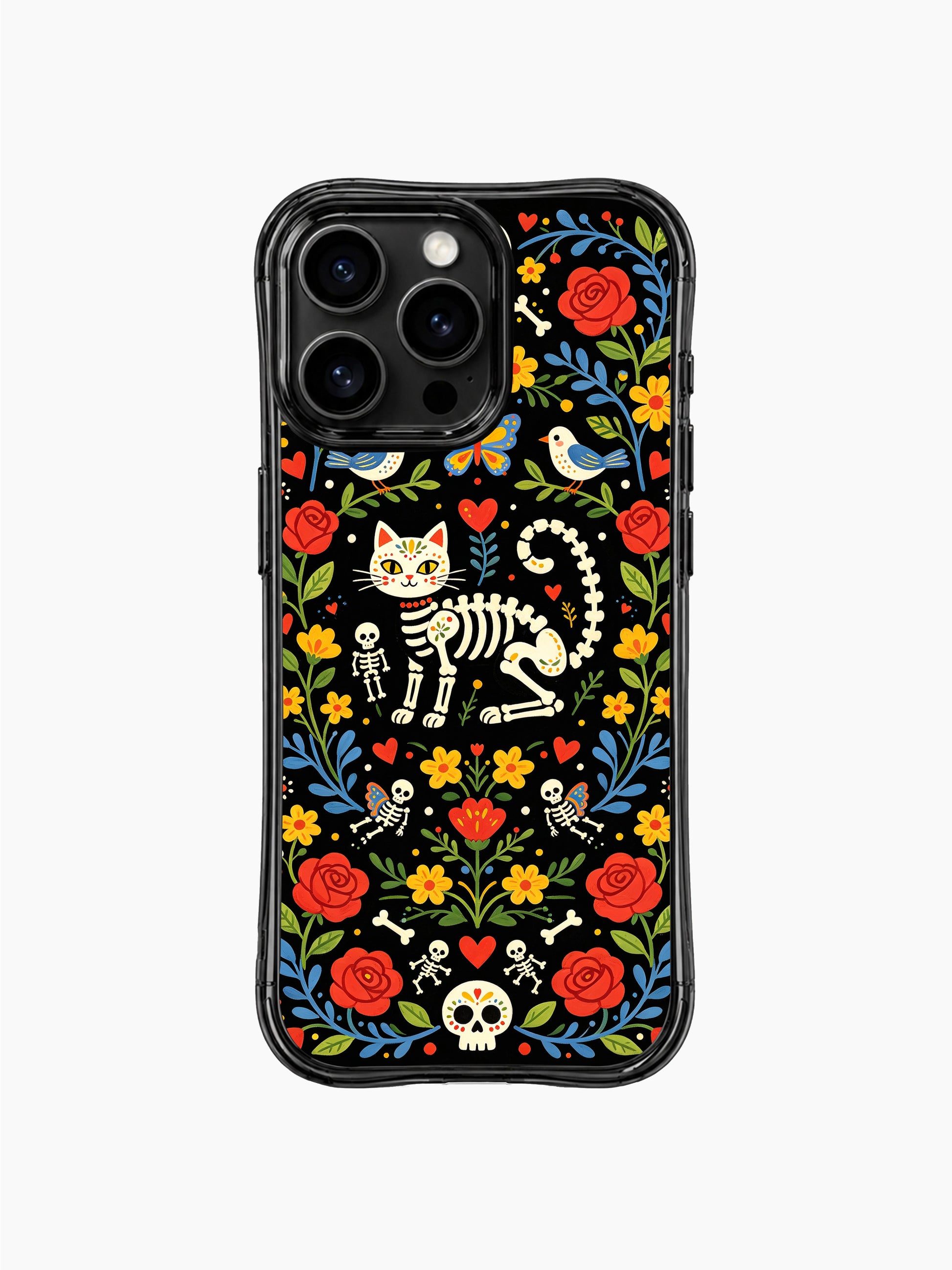 PhoneCasing iPhone 16 pro max case featuring a whimsical Day of the Dead skeleton cat surrounded by roses, birds, and butterflies on black background.