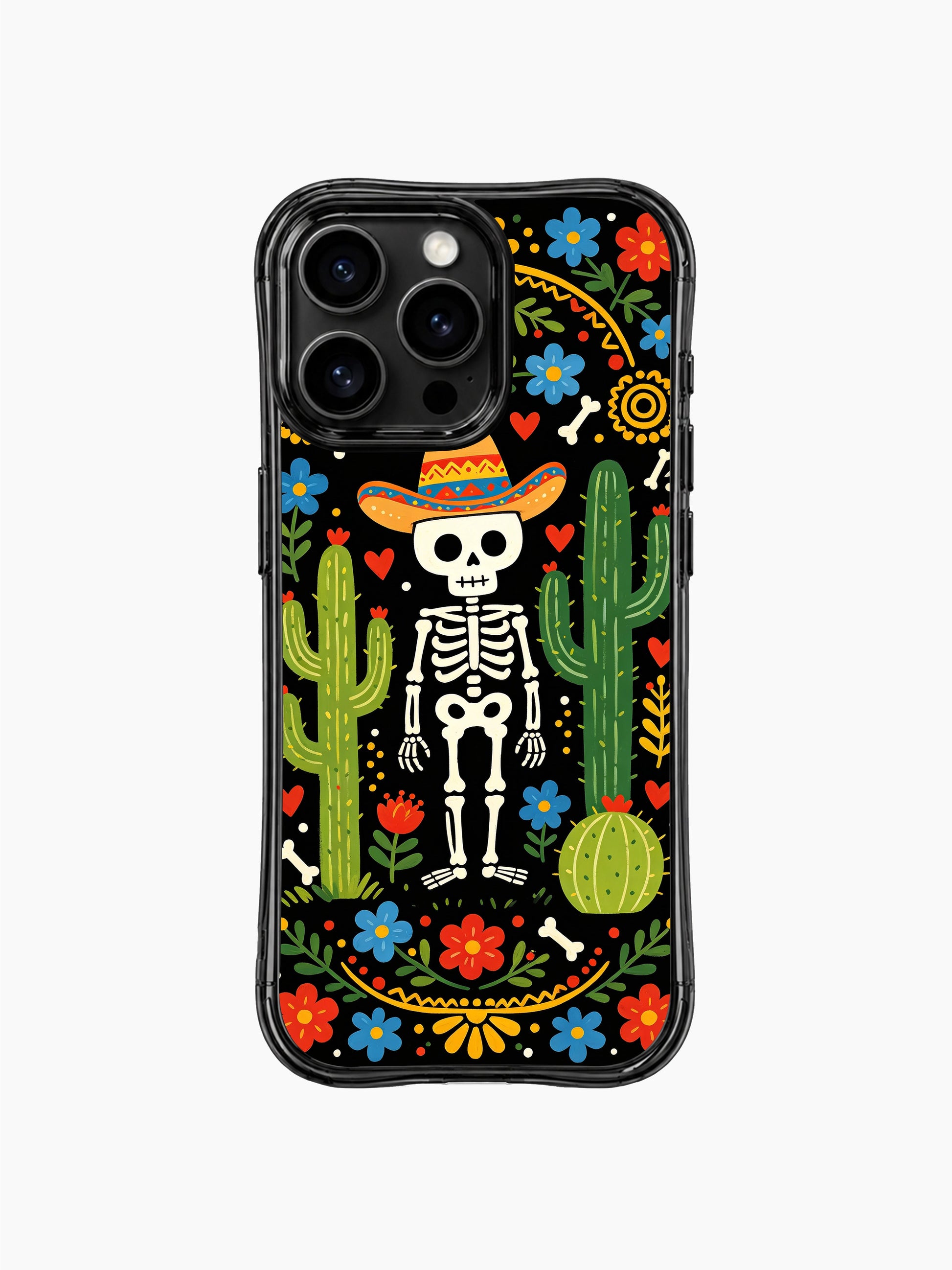PhoneCasing iPhone 16 pro max case featuring a whimsical Day of the Dead skeleton in a sombrero, surrounded by cacti and colorful flowers on black background.