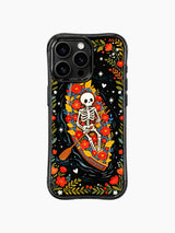 Day of the Dead skeleton flower boat illustration on PhoneCasing iPhone 16 pro max case, vibrant folk art design with stars and hearts.