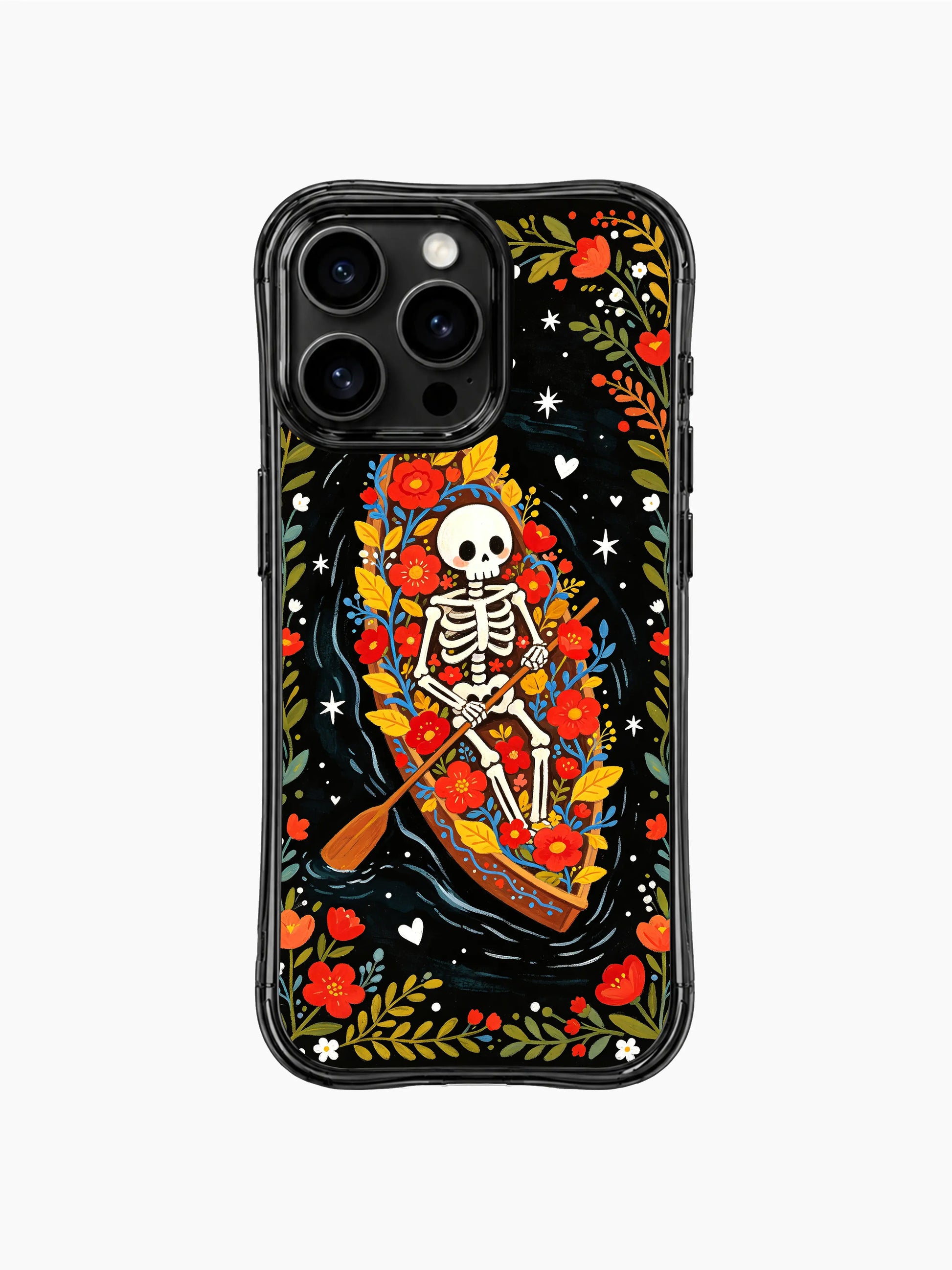 Day of the Dead skeleton flower boat illustration on PhoneCasing iPhone 16 pro max case, vibrant folk art design with stars and hearts.