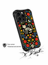 Day of the Dead floral garden design on this PhoneCasing iPhone 16 pro max case, with skeleton cats, roses, and colorful folk art flowers.