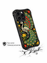 Day of the Dead floral peacock design on this PhoneCasing iPhone 16 pro max case, with skeleton peacock, roses, and folk art flowers.