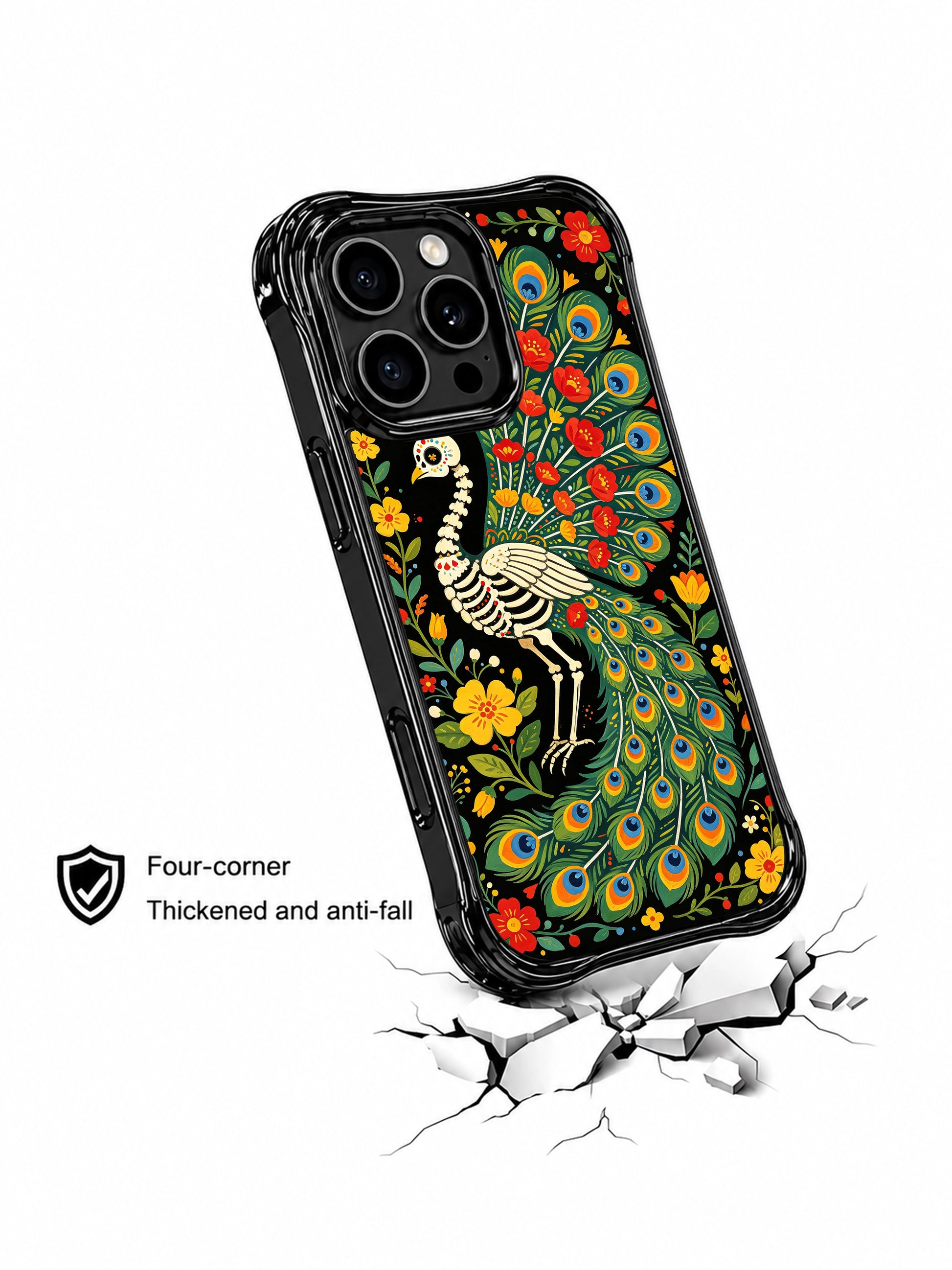 Day of the Dead floral peacock design on this PhoneCasing iPhone 16 pro max case, with skeleton peacock, roses, and folk art flowers.