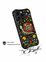 Day of the Dead floral snail design on this PhoneCasing iPhone 16 pro max case, with skeleton snail, roses, and folk art flowers.