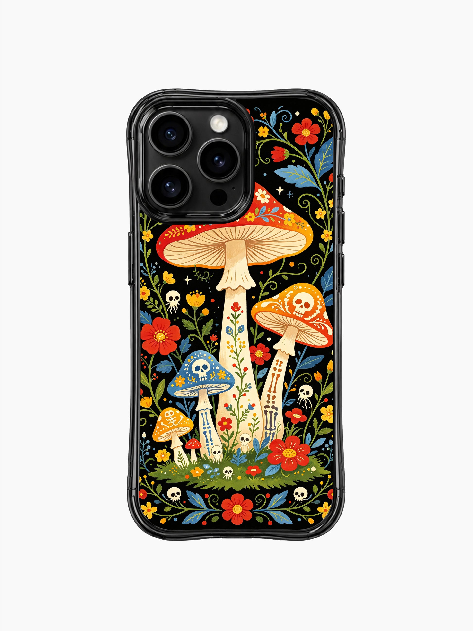 PhoneCasing iPhone 16 pro max case featuring a whimsical Day of the Dead mushroom forest with folk art flowers on black background.