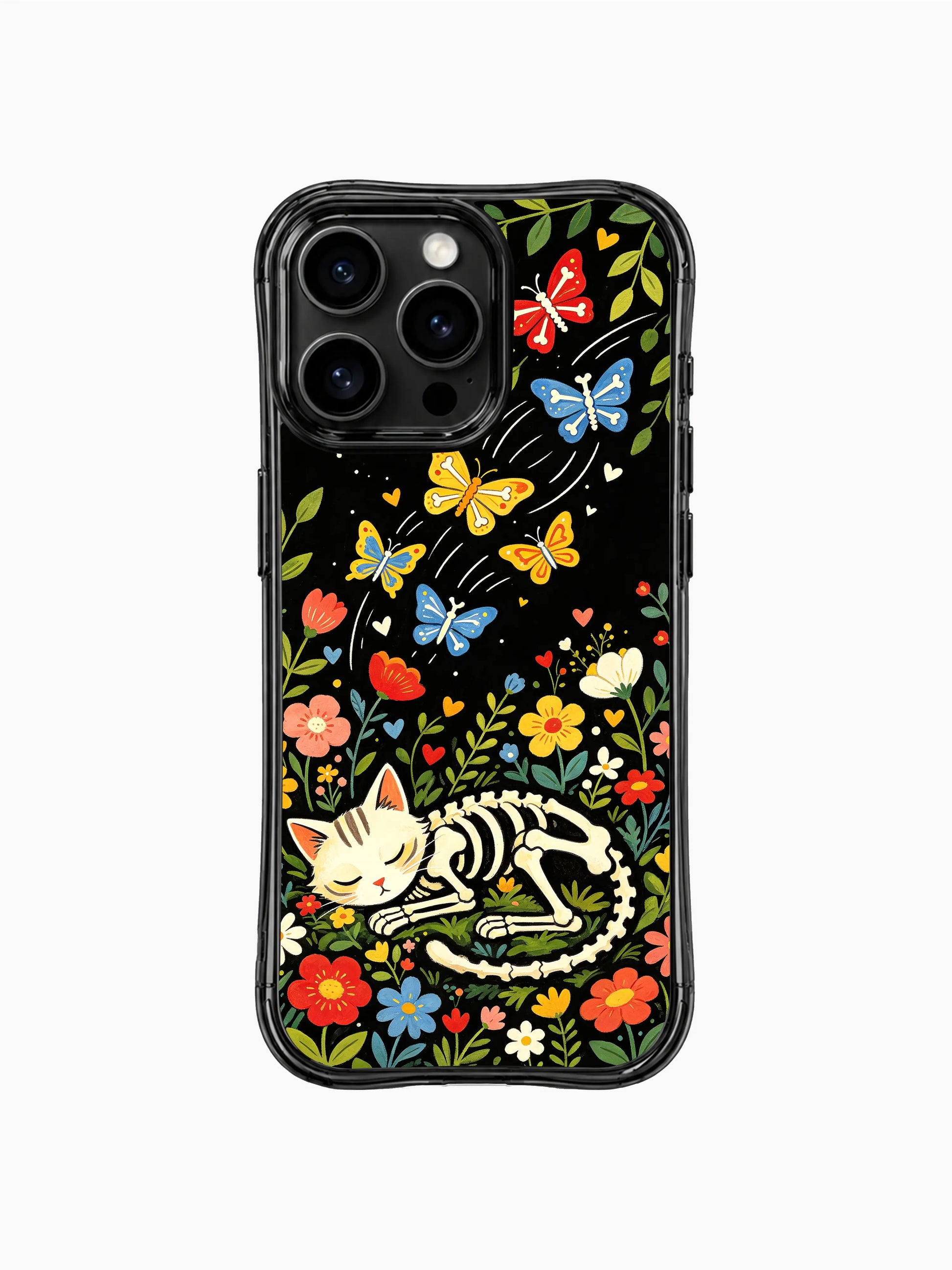 PhoneCasing iPhone 16 pro max case featuring a sleeping skeleton cat with bone butterflies, whimsical folk art design with colorful flowers on black background.