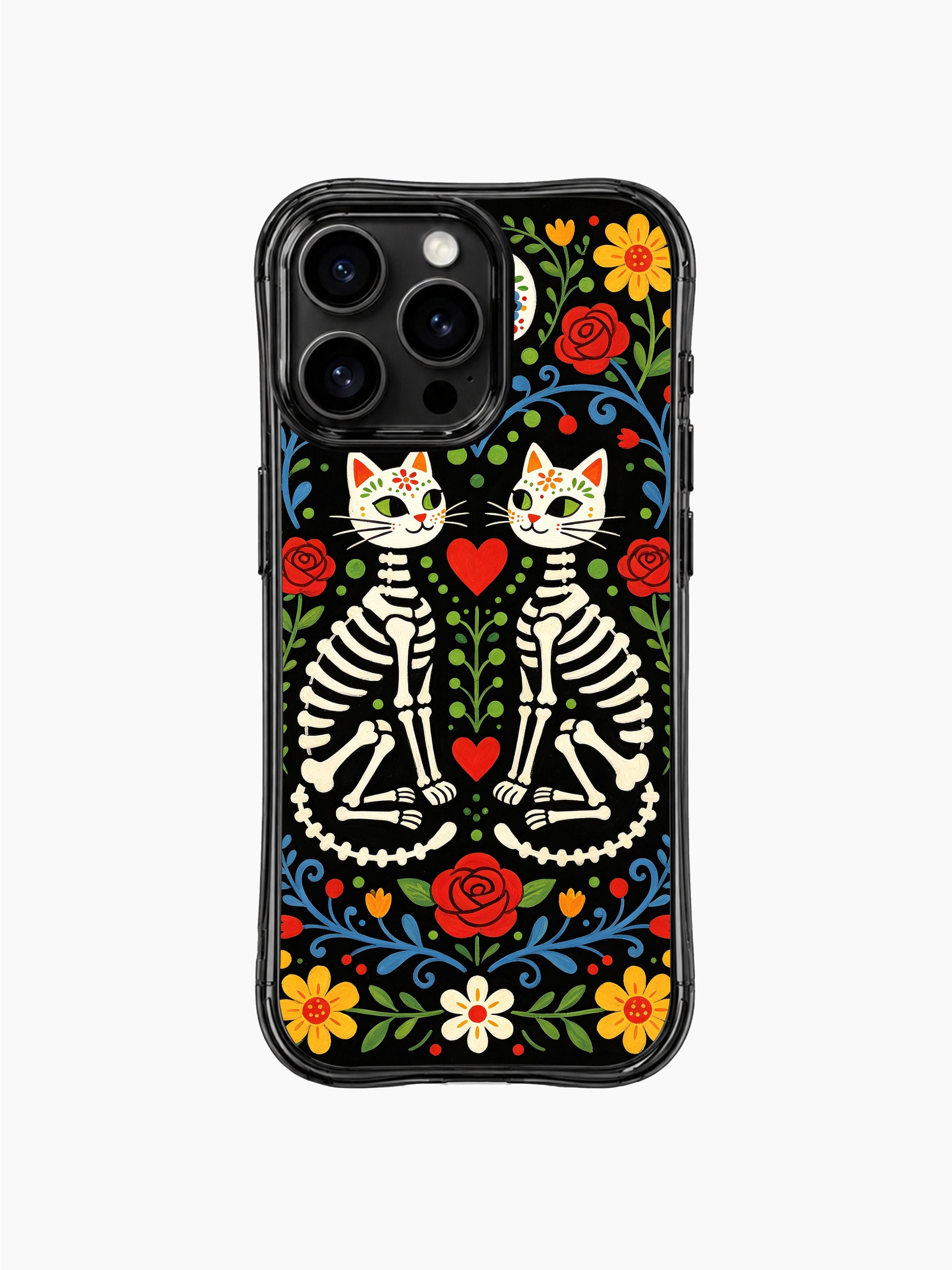 PhoneCasing iPhone 16 pro max case featuring twin skeleton cats with sugar skull faces, vibrant folk art design with red roses and colorful flowers on black background.