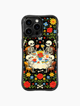 PhoneCasing iPhone 16 pro max case featuring a whimsical Day of the Dead skeleton tea party surrounded by folk art flowers on black background.