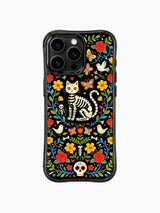 PhoneCasing iPhone 16 pro max case featuring a whimsical sugar skull cat surrounded by colorful folk art flowers, butterflies, and birds on black background.