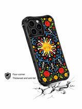 Day of the Dead sun ceremony design on this PhoneCasing iPhone 16 pro max case, featuring dancing skeletons and colorful folk art flowers.