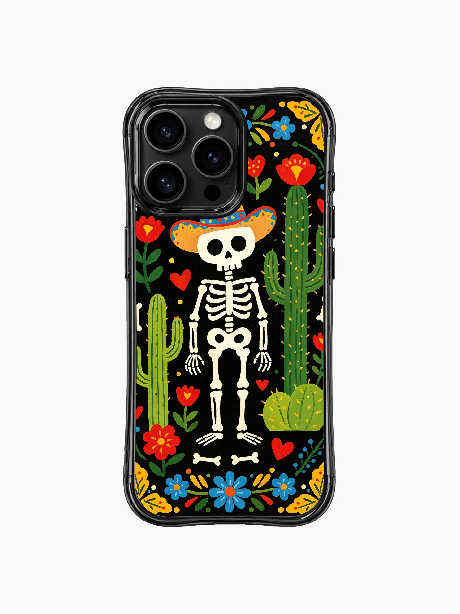 Day of the Dead skeleton cowboy with western motifs on PhoneCasing iPhone 16 pro max case, surrounded by cacti, roses, and hearts.