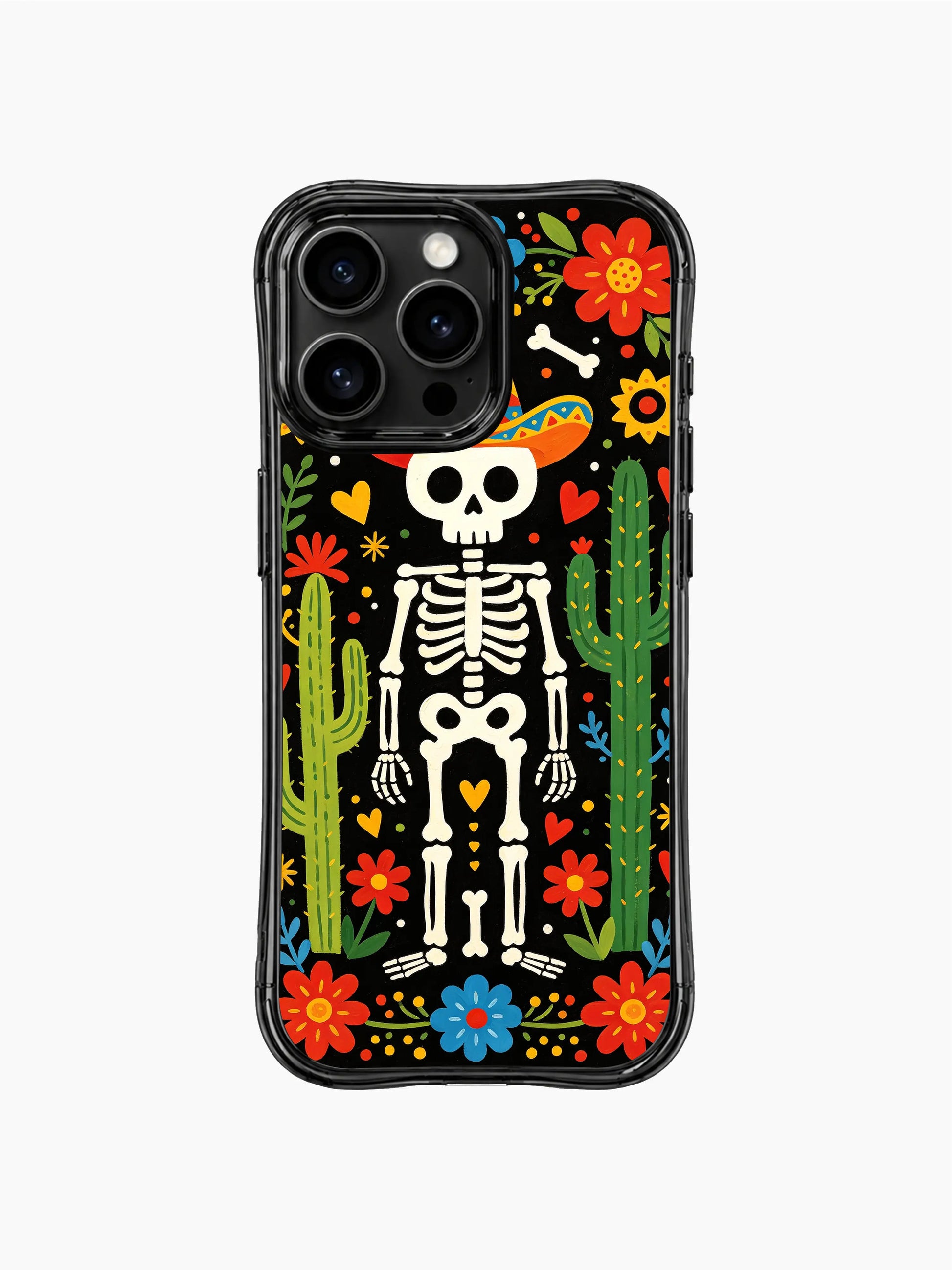 Desert Day of the Dead skeleton design on PhoneCasing iPhone 16 pro max case, featuring a sombrero skeleton with cacti and blue flowers.