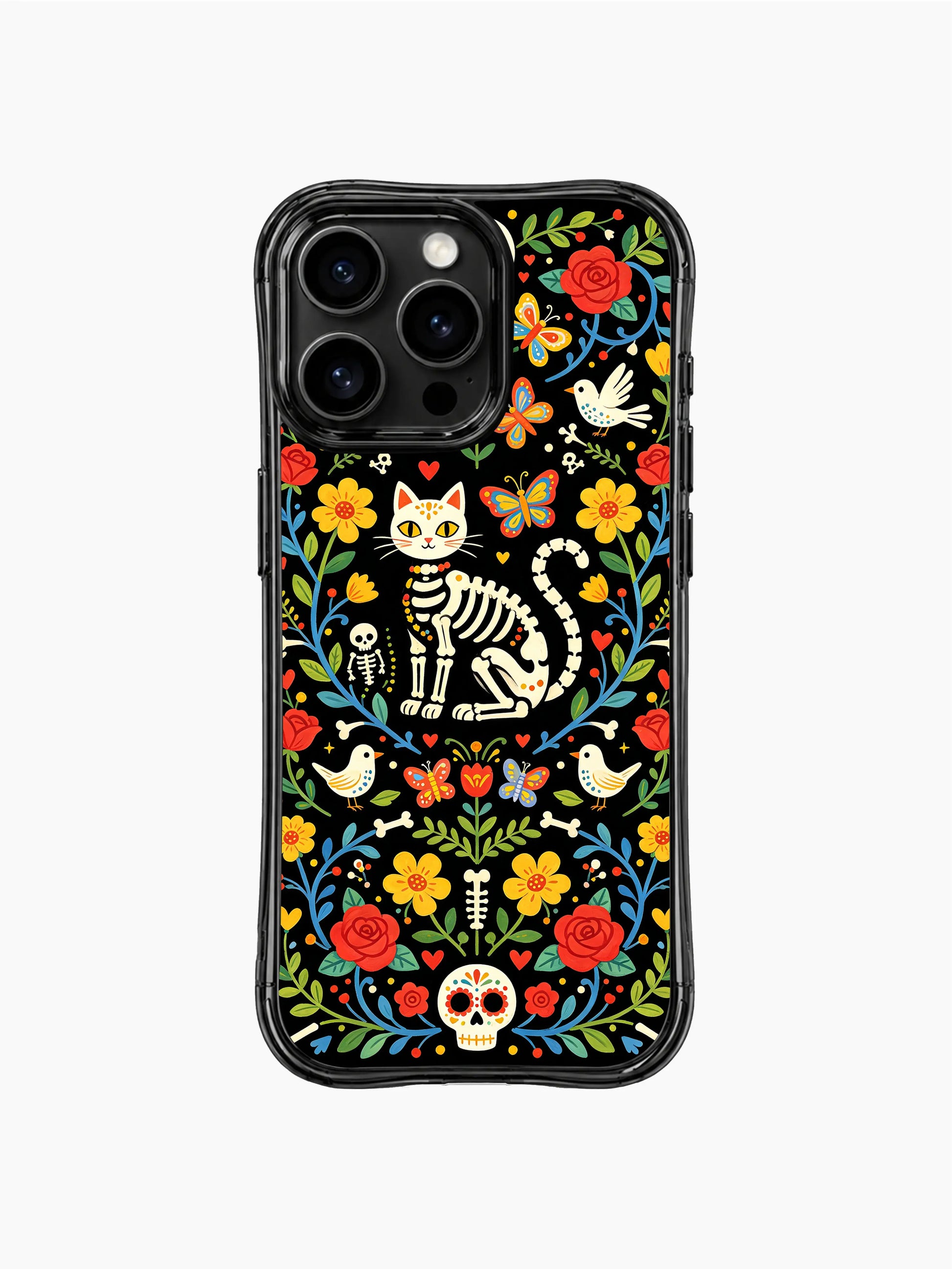 Día de los Muertos sugar skull cat artwork on this PhoneCasing iPhone 16 pro max case, featuring folk art flowers, butterflies, and birds on black background.