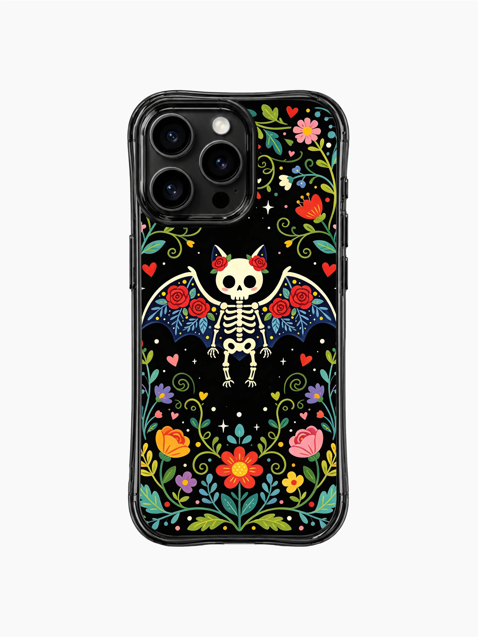 Dia de los Muertos skeleton bat design on PhoneCasing iPhone 16 pro max case, featuring a bat with red roses and blue leaf patterns.