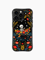Dia de los Muertos skeleton flower boat design on PhoneCasing iPhone 16 pro max case, vibrant folk art with red flowers and blue foliage.