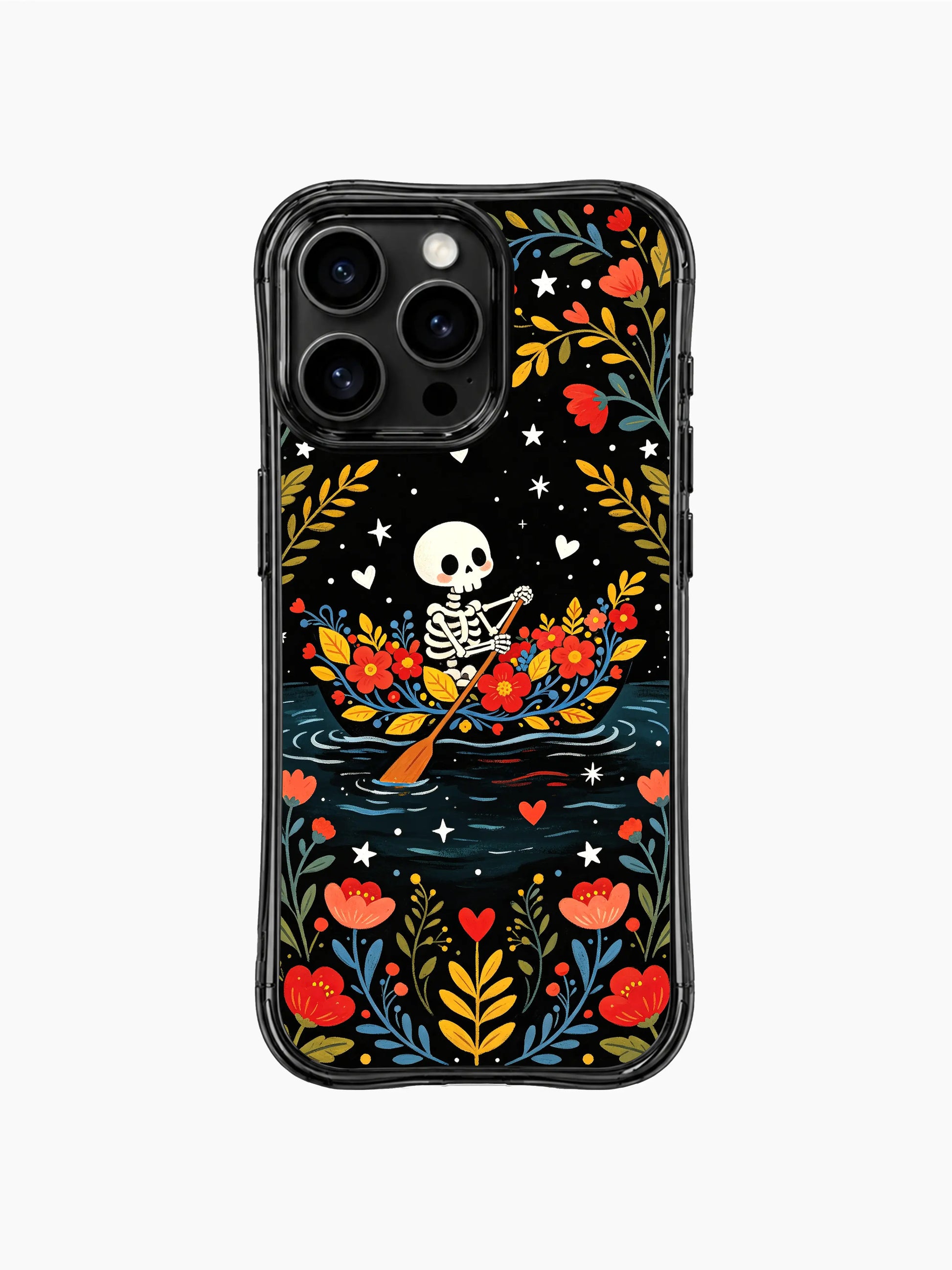 Dia de los Muertos skeleton flower boat design on PhoneCasing iPhone 16 pro max case, vibrant folk art with red flowers and blue foliage.