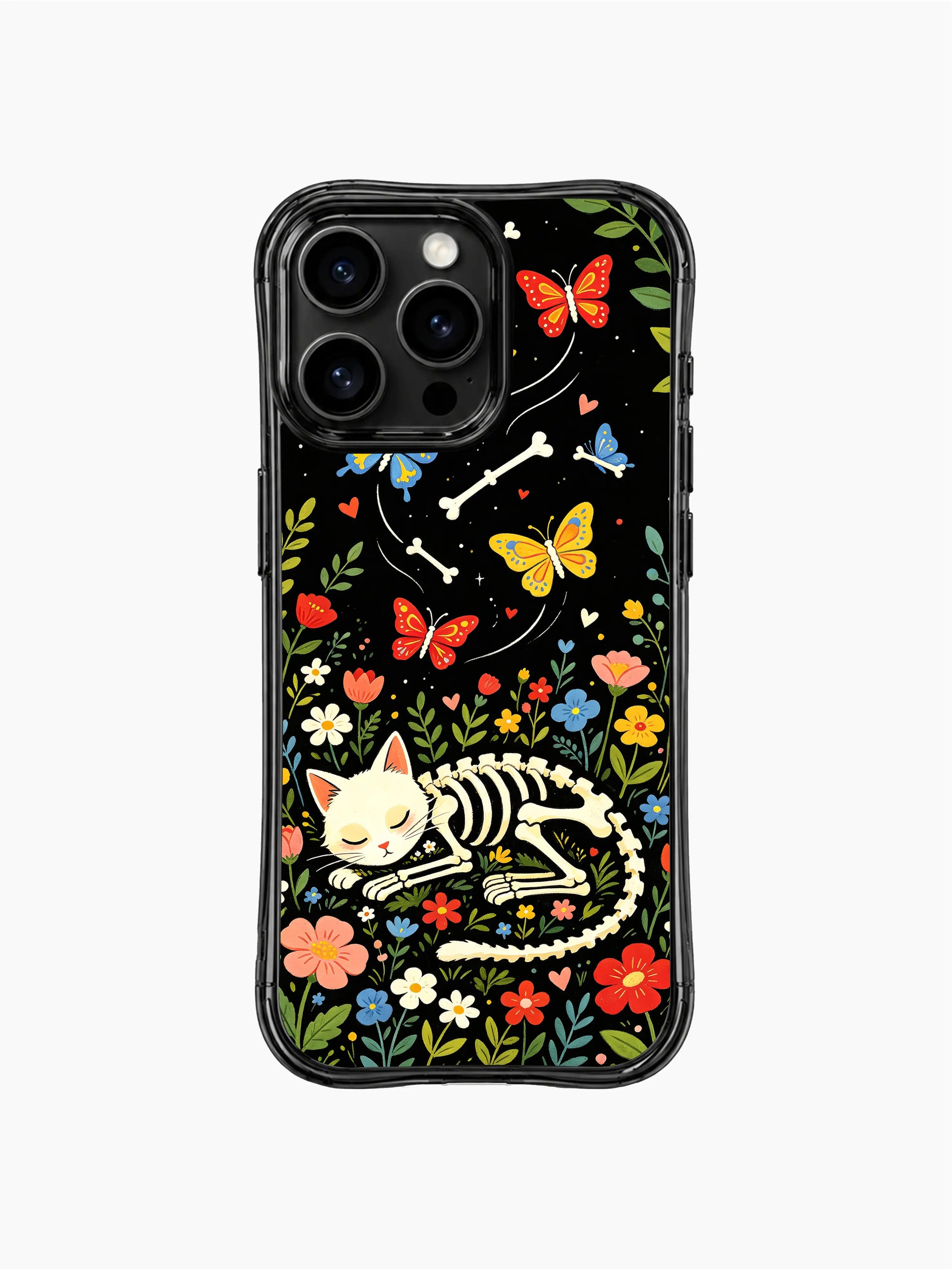 Dia de los Muertos skeleton cat design on PhoneCasing iPhone 16 pro max case, featuring a cat with bone butterflies and night garden blooms.