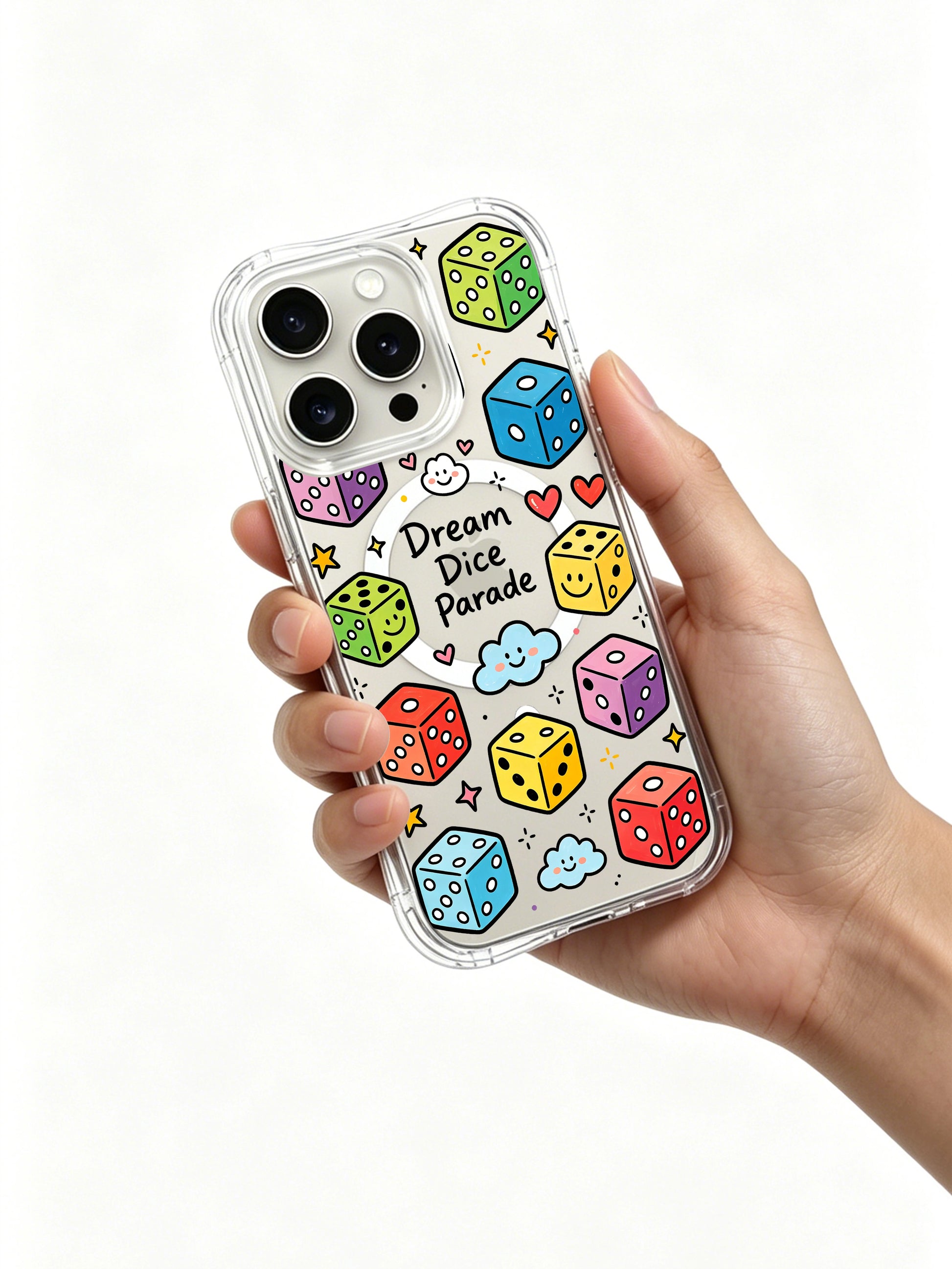 dice-parade-18.webp	PhoneCasing iPhone 16 Pro Max Clear Case - Cute Rainbow Dice Art, Slim Fit Design