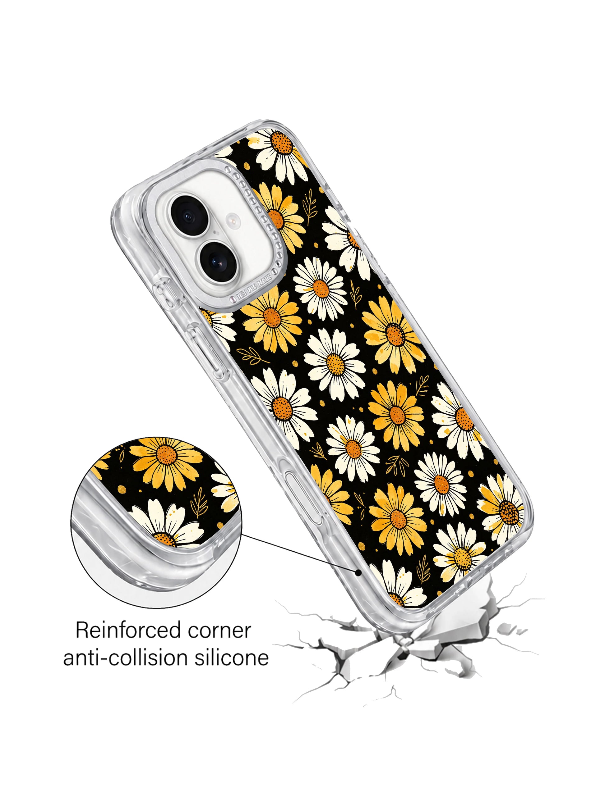 Side profile transparent dual-layer shockproof iPhone 16 pro max casing from PhoneCasing, White Bloom Signal night daisy art crystal rhinestone camera trim for iPhone 16 pro max.