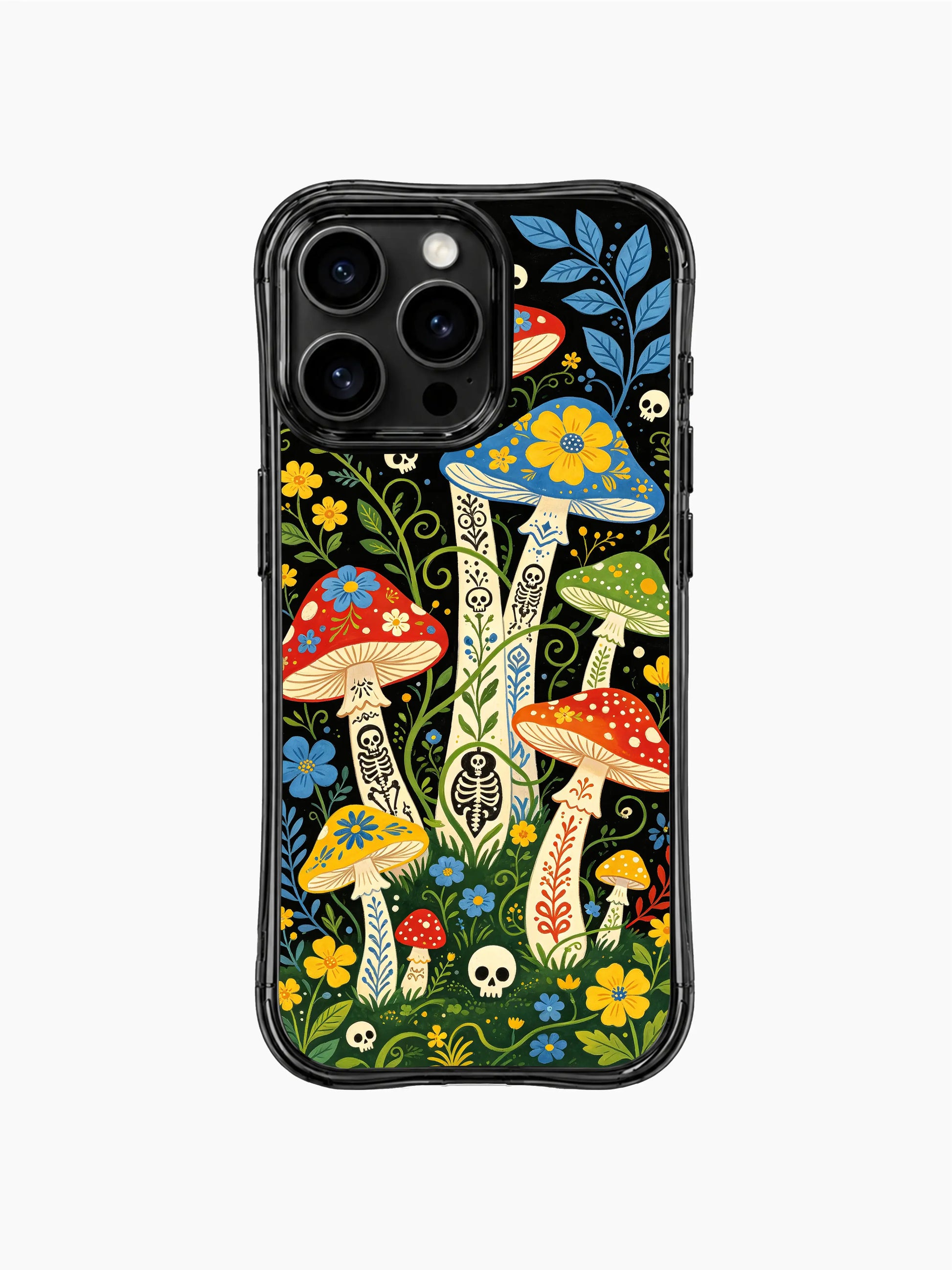Enchanted mushroom forest in a dreamy night garden on this PhoneCasing iPhone 16 pro max case, featuring red, blue and yellow flowers.