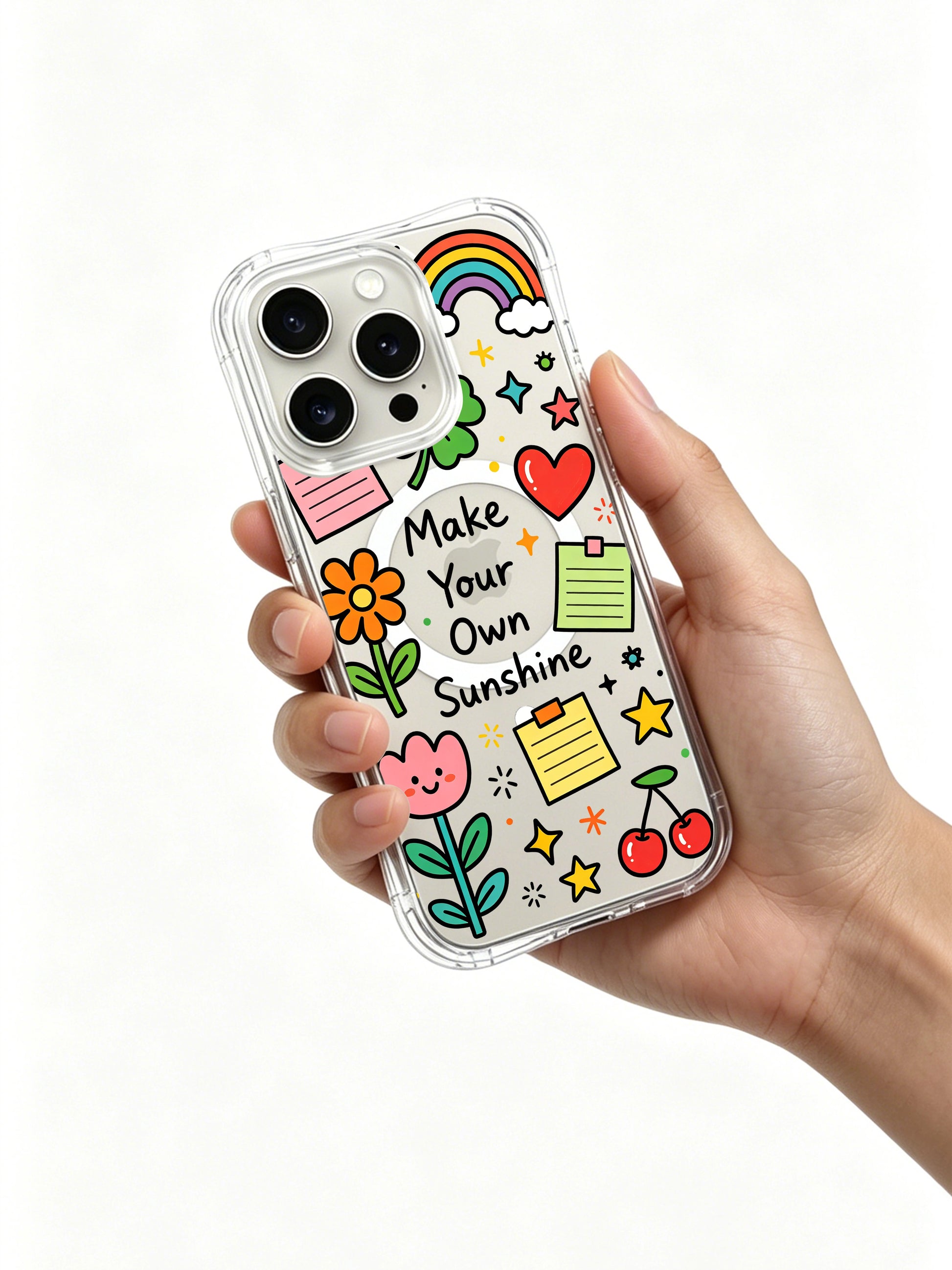 PhoneCasing iPhone 16 Pro Max long-lasting fade-free clear protective cover, vibrant Make Your Own Sunshine motivational doodle graphic with high-definition waterproof ink printing