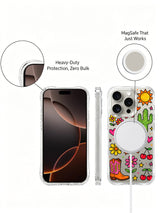 PhoneCasing iPhone 16 Pro Max long-lasting fade-free clear protective cover, bright Howdy Happiness cowboy themed doodle graphic print