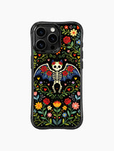 Fantasy floral skeleton bat illustration on PhoneCasing iPhone 16 pro max case, featuring a bat with roses and colorful flowers on black background.