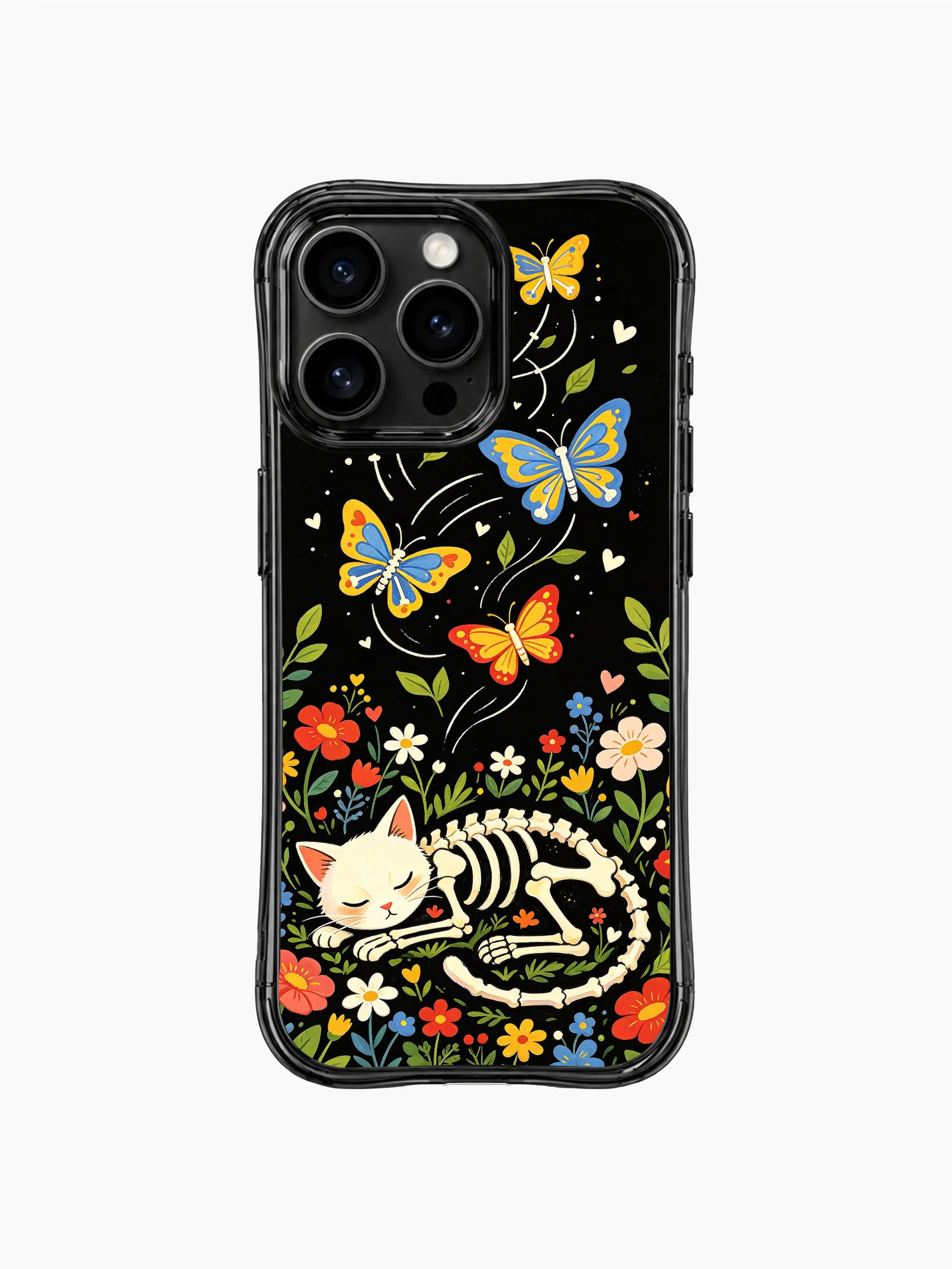 Fantasy floral skeleton cat illustration on PhoneCasing iPhone 16 pro max case, featuring a cat with bone butterflies and colorful flowers on black background.