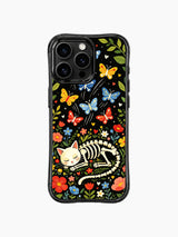 Floral night dream skeleton cat on this PhoneCasing iPhone 16 pro max case, whimsical design with colorful flowers and bone butterflies.