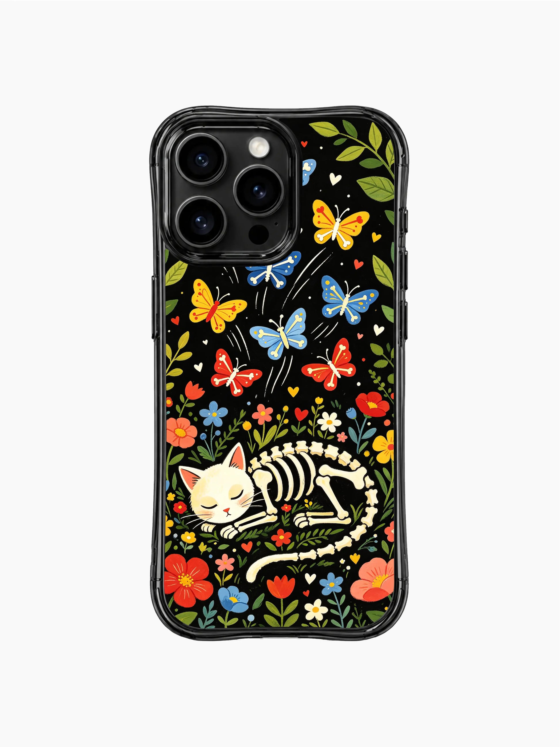 Floral night dream skeleton cat on this PhoneCasing iPhone 16 pro max case, whimsical design with colorful flowers and bone butterflies.