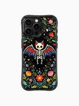 PhoneCasing iPhone 16 pro max case featuring a whimsical skeleton bat with roses, Day of the Dead folk art design with colorful flowers on black background.