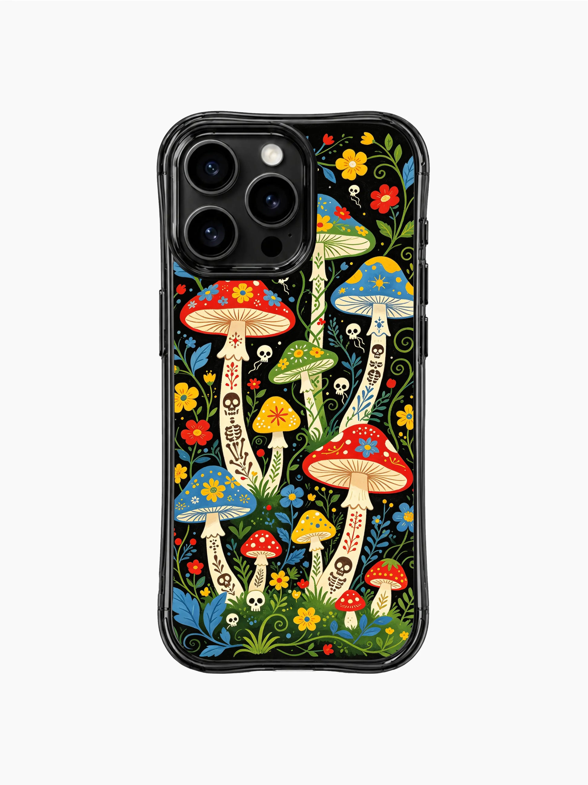 Night forest skeleton mushroom design on this PhoneCasing iPhone 16 pro max case, featuring magical blooms and playful skeleton motifs.