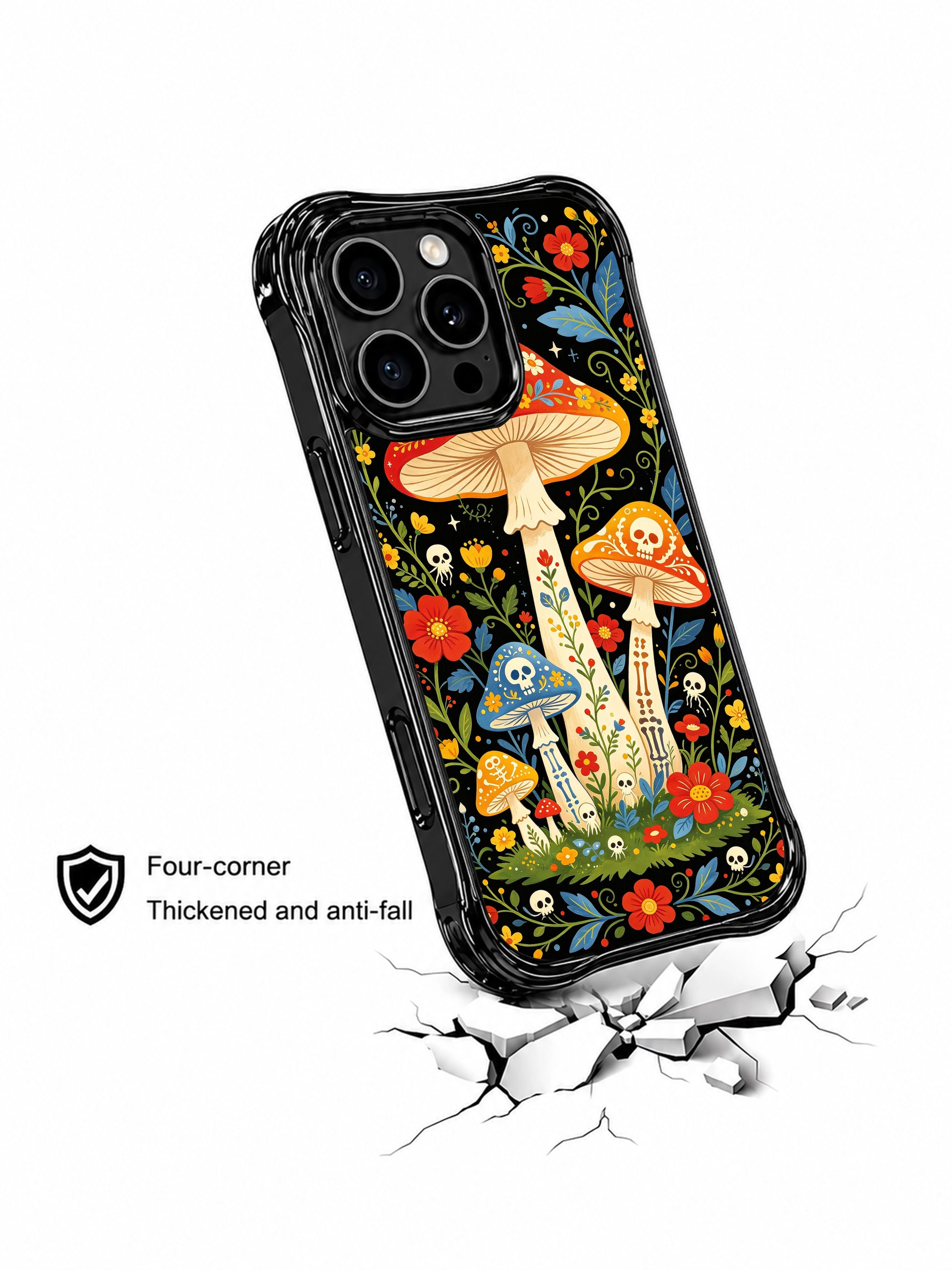 Whimsical skeleton mushroom garden design on this PhoneCasing iPhone 16 pro max case, with colorful flowers and magical mushroom motifs.