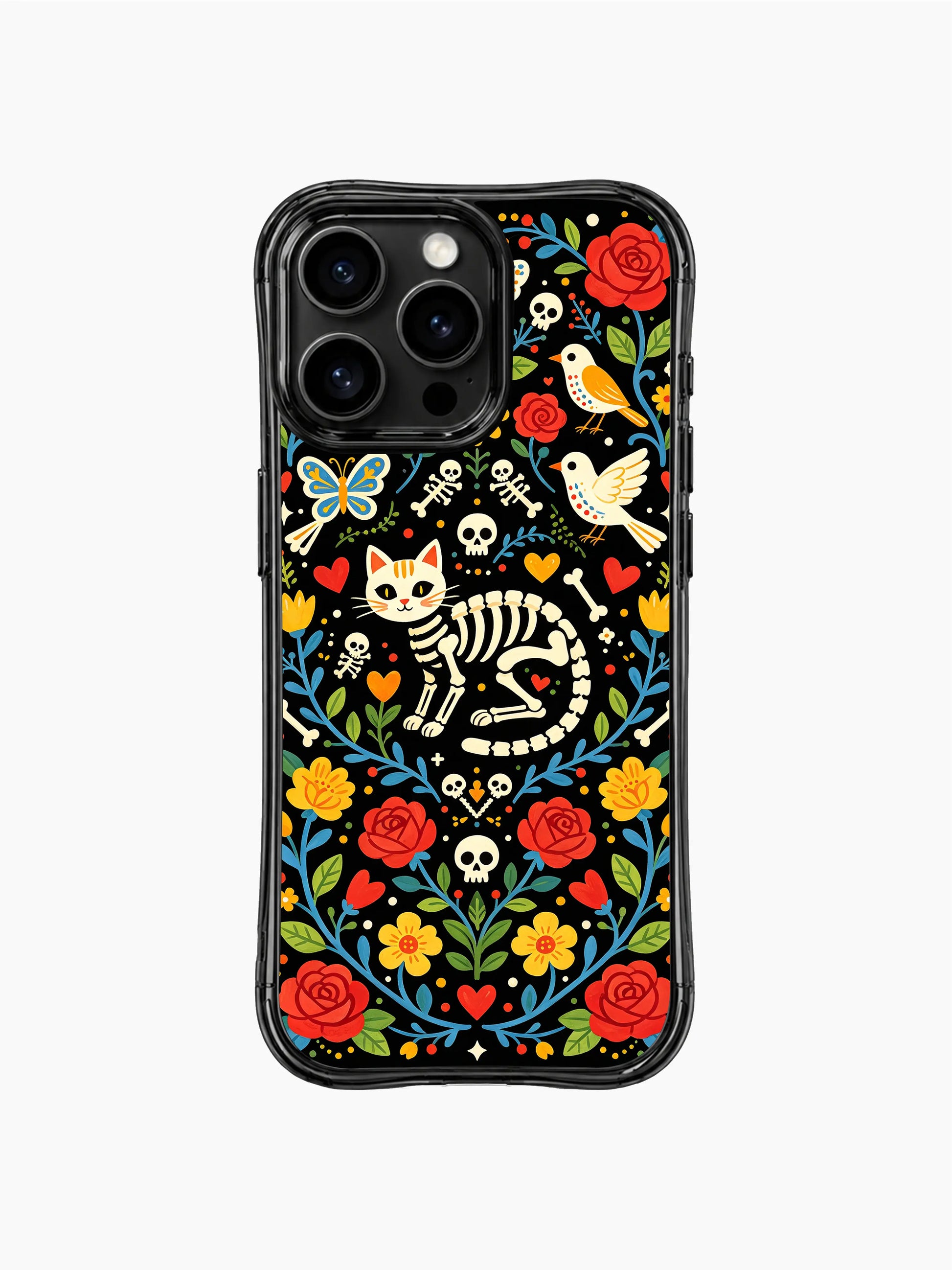 Folk art skeleton cat with flowers and butterflies on PhoneCasing iPhone 16 pro max case, Day of the Dead design with black background.