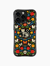 Folk art cat with sugar skull, bones, and roses on PhoneCasing iPhone 16 pro max case, Day of the Dead design with black background and colorful blooms.