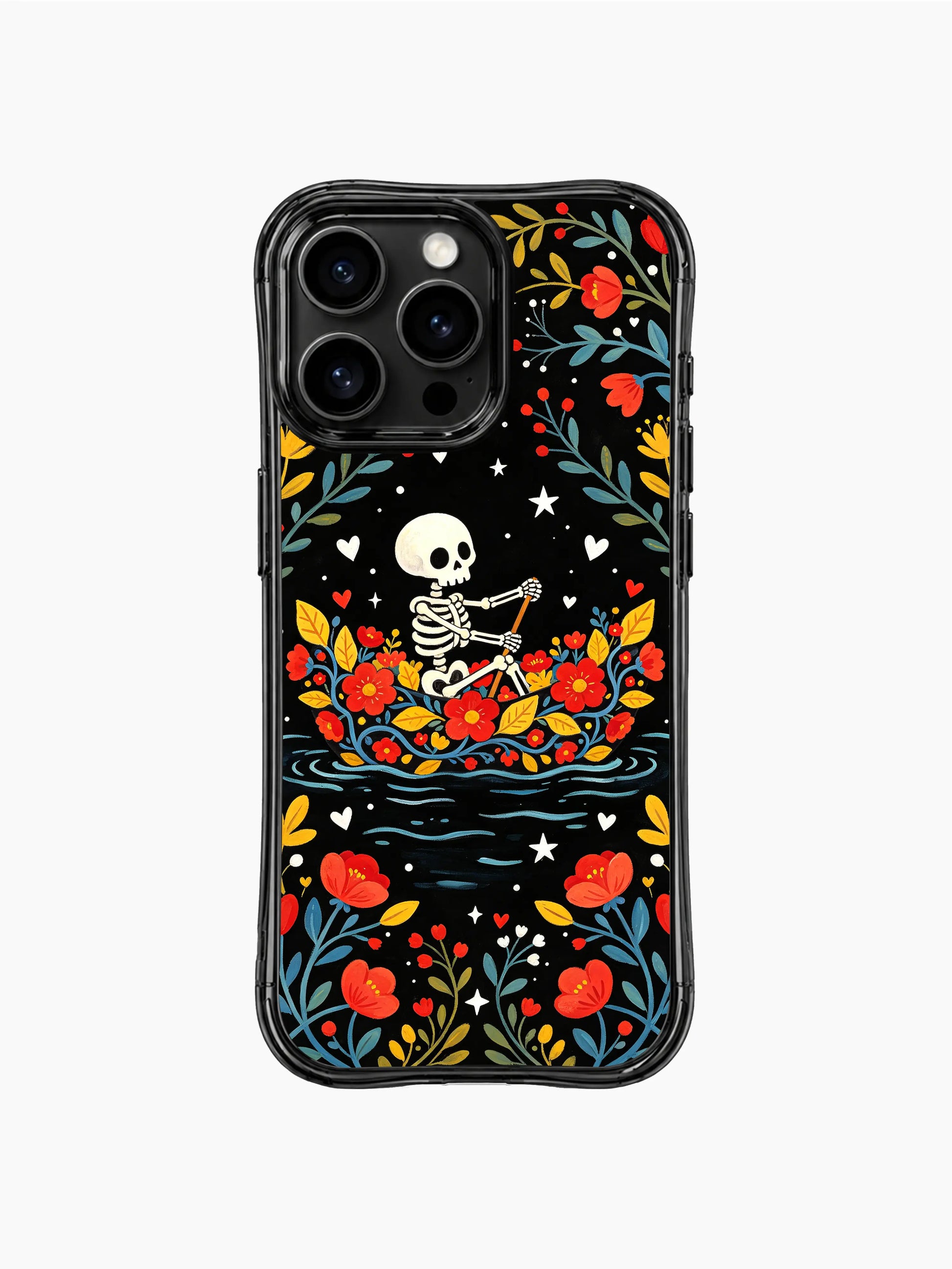 Folk art skeleton boat design on PhoneCasing iPhone 16 pro max case, featuring a skeleton rowing through a river of flowers.