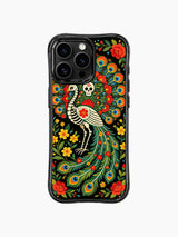 Folk art skeleton peacock with flowers on PhoneCasing iPhone 16 pro max case, Day of the Dead design with black background.