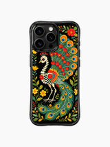 Folk art skeleton peacock with Day of the Dead motifs on PhoneCasing iPhone 16 pro max case, surrounded by roses, hearts, and wildflowers.