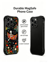 Folk art skeleton boat illustration on PhoneCasing iPhone 16 pro max case, featuring a skeleton sailing on a river of flowers with hearts and stars.