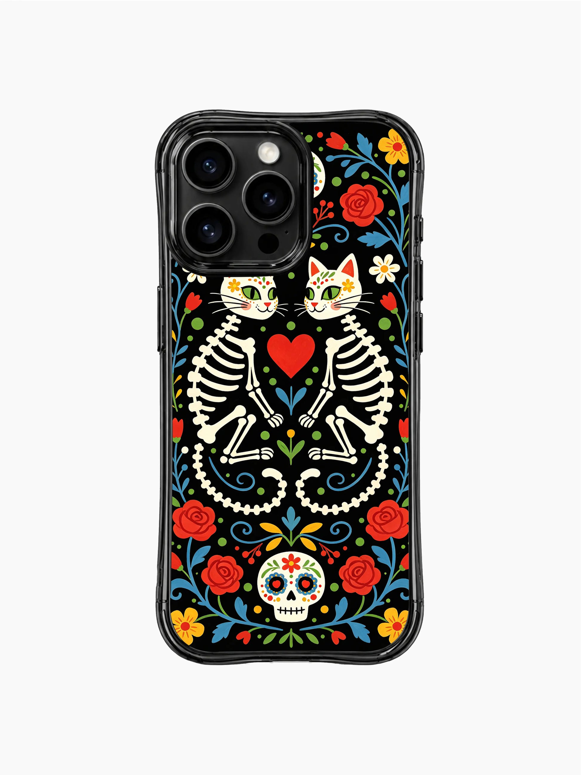 Folk art twin skeleton cats design on PhoneCasing iPhone 16 pro max case, featuring sugar skull cats with red hearts and colorful blooms.