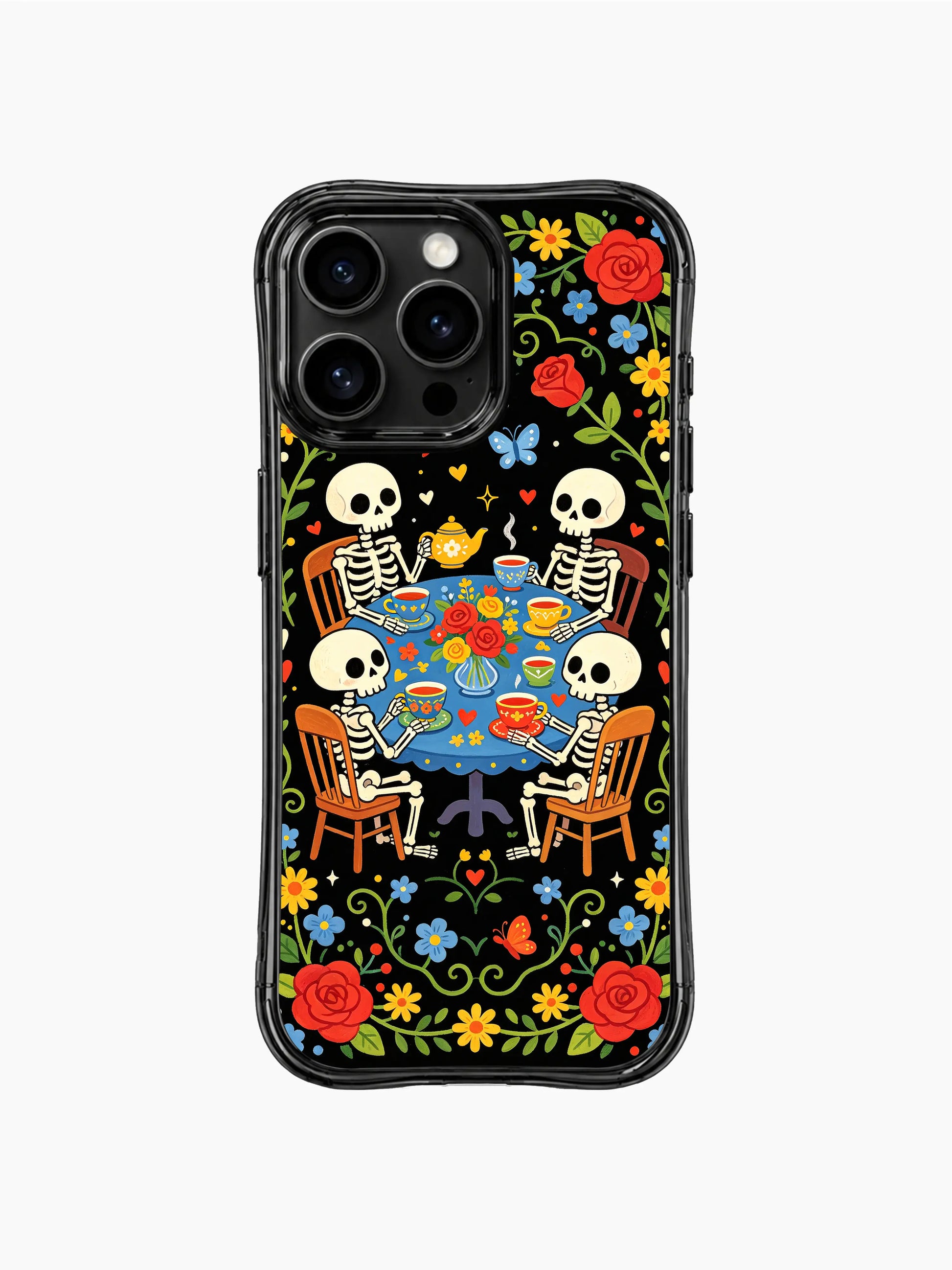 Colorful folk art skeleton gathering on this PhoneCasing iPhone 16 pro max case, surrounded by roses, daisies and butterflies in a midnight garden.