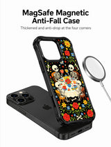 Folk art skeleton tea party with Day of the Dead motifs on PhoneCasing iPhone 16 pro max case, surrounded by roses, hearts and wildflowers.