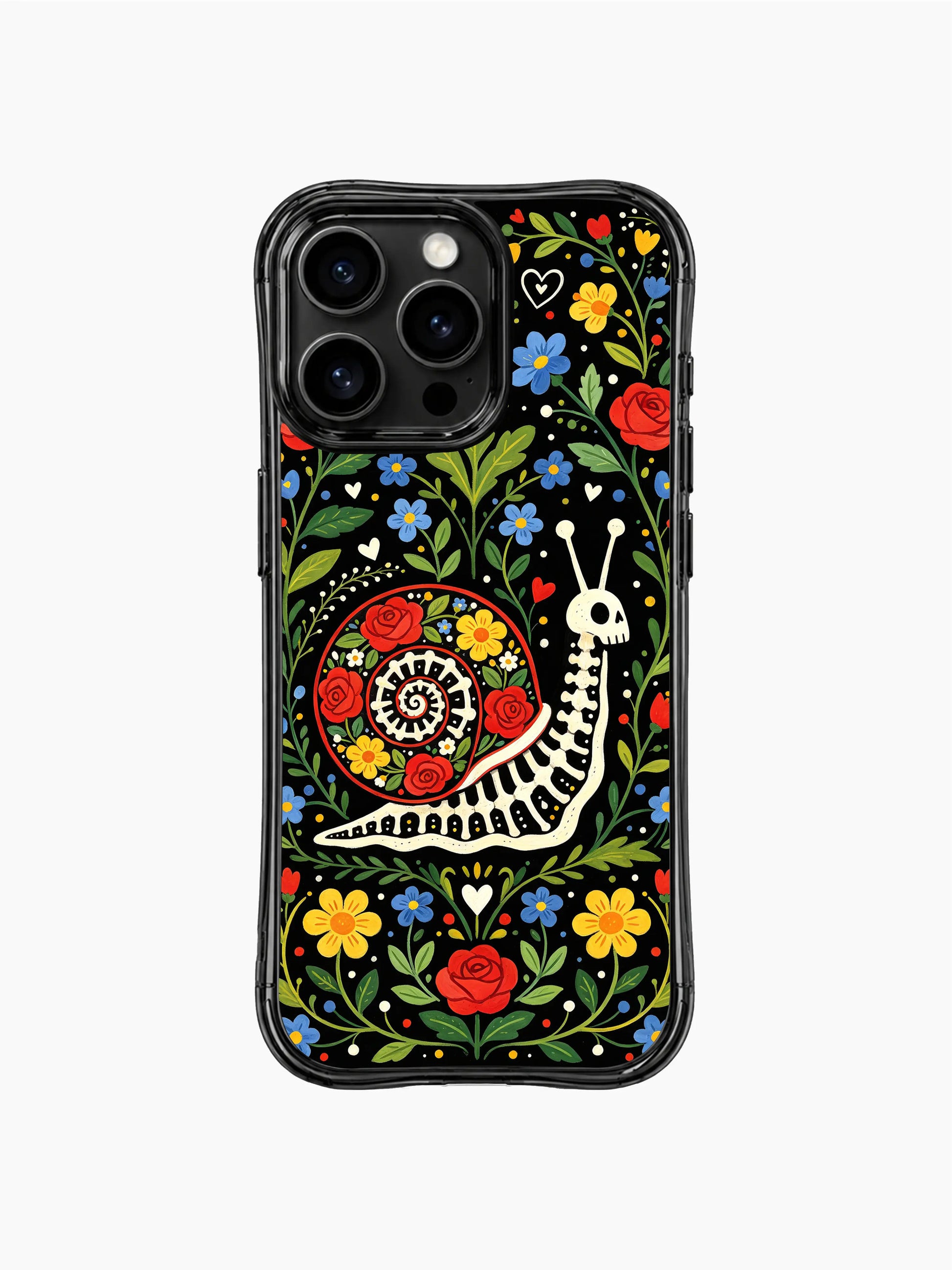 Folk art skeleton snail with flowers on PhoneCasing iPhone 16 pro max case, Day of the Dead design with black background.