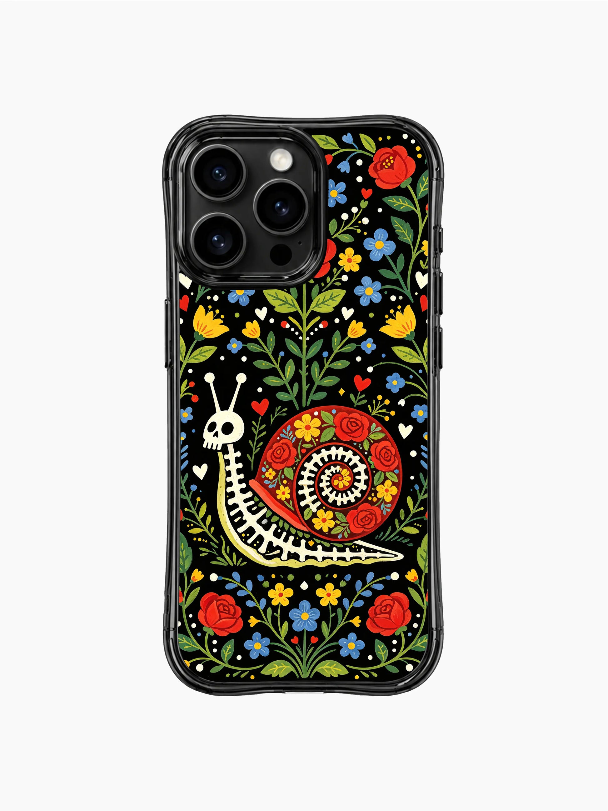 Folk art skeleton snail with Day of the Dead motifs on PhoneCasing iPhone 16 pro max case, surrounded by roses, hearts, and wildflowers.