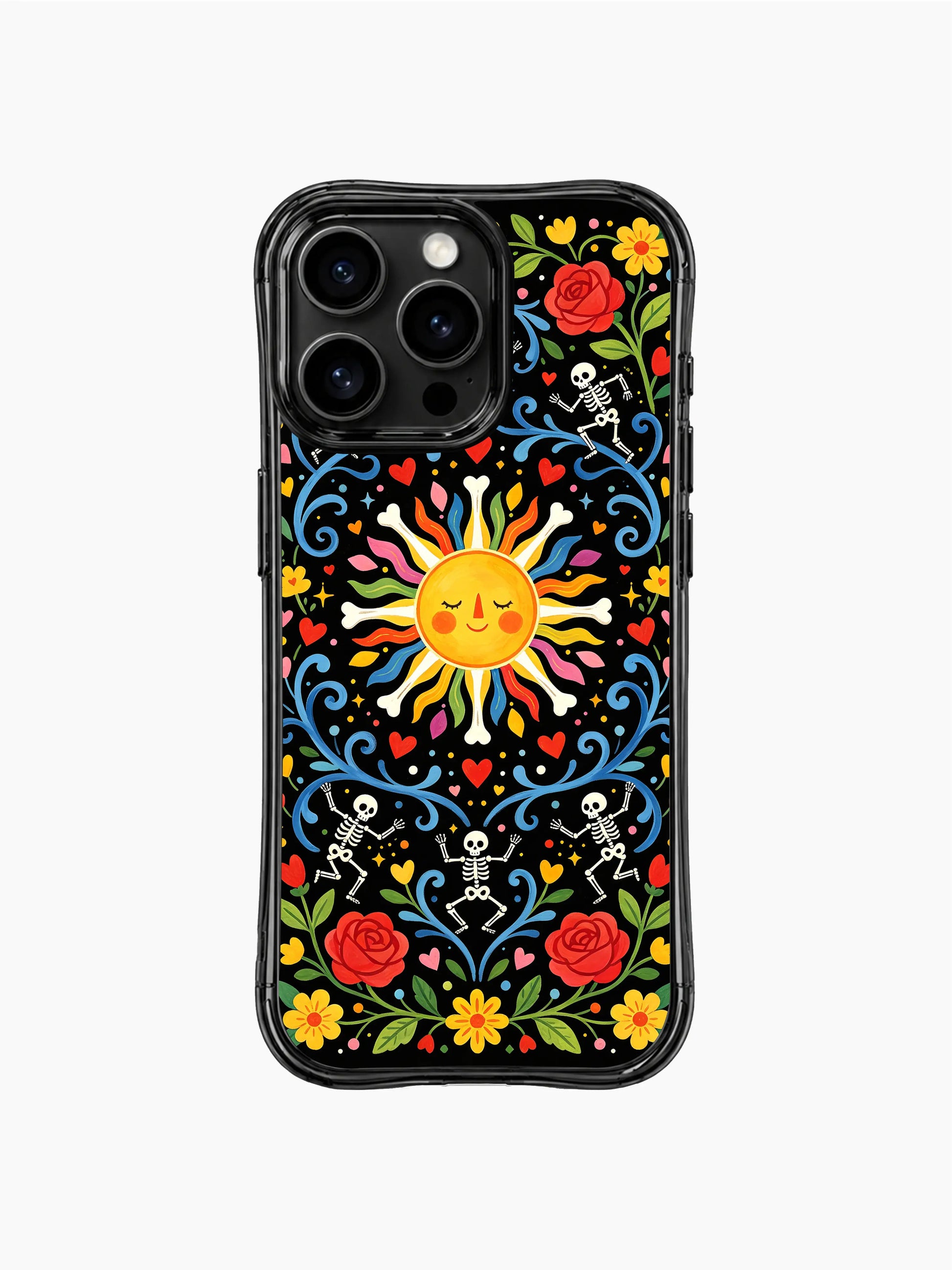Folk art sun with bones and flowers on PhoneCasing iPhone 16 pro max case, Day of the Dead design with black background and colorful skeletons.