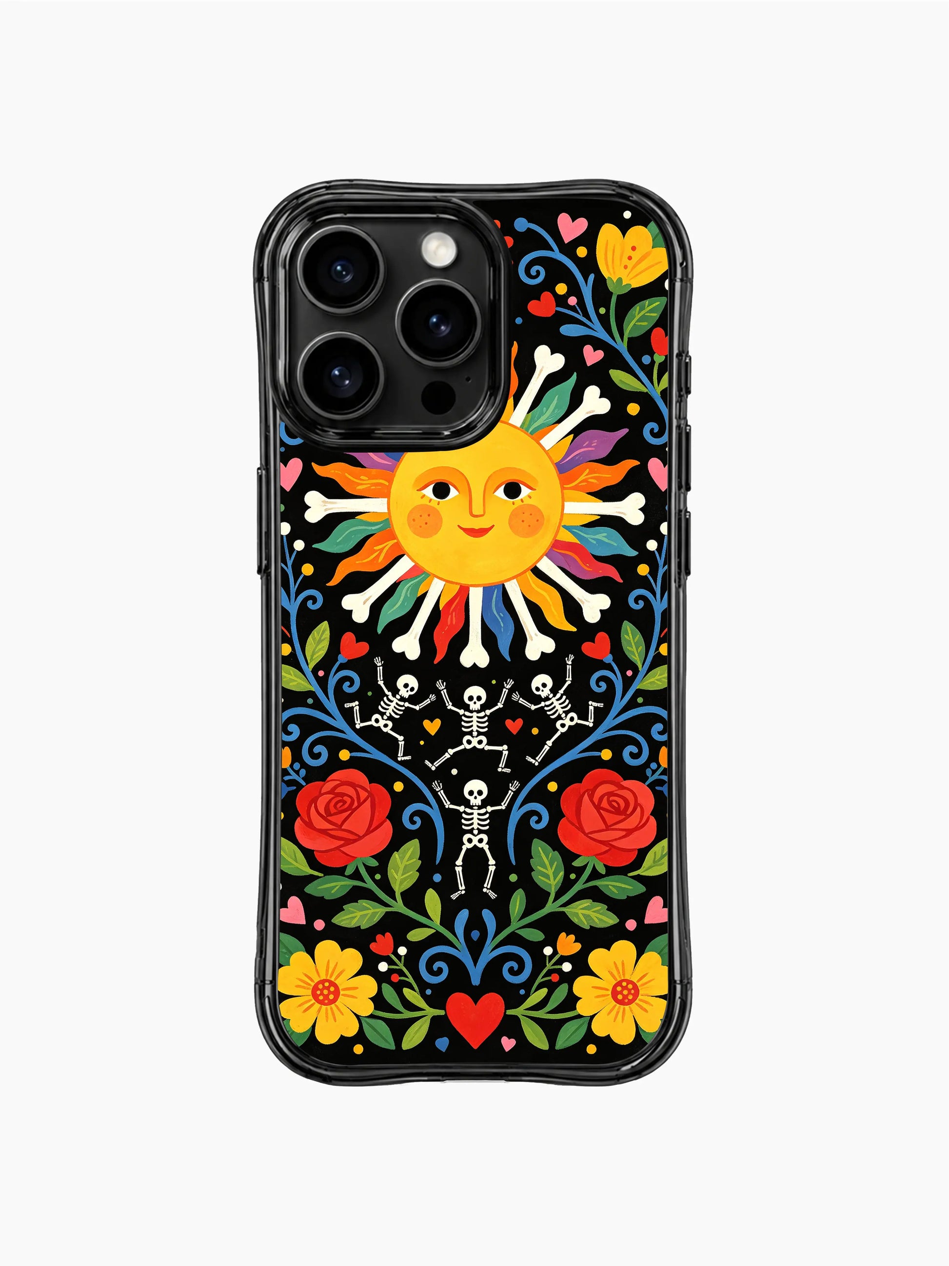 Folk art sun with Day of the Dead motifs on PhoneCasing iPhone 16 pro max case, featuring dancing skeletons and colorful flowers.