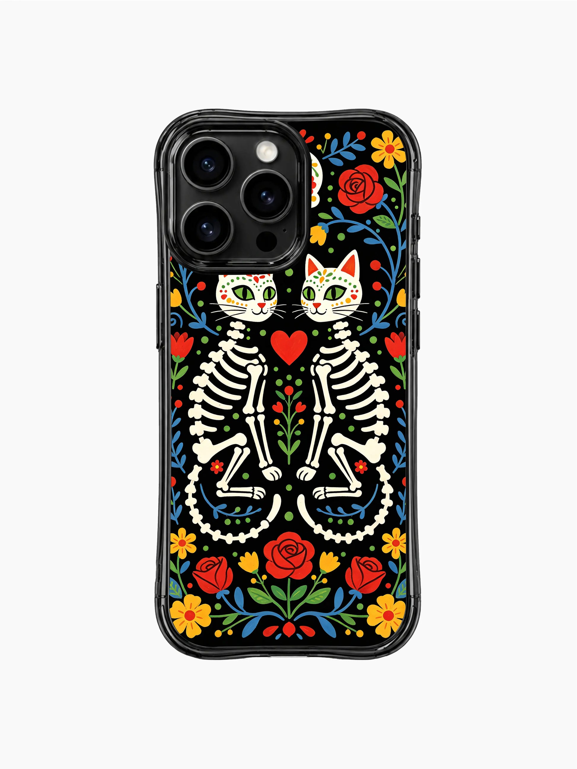 Folk art twin skeleton cats illustration on PhoneCasing iPhone 16 pro max case, featuring sugar skull faces and vibrant floral patterns.