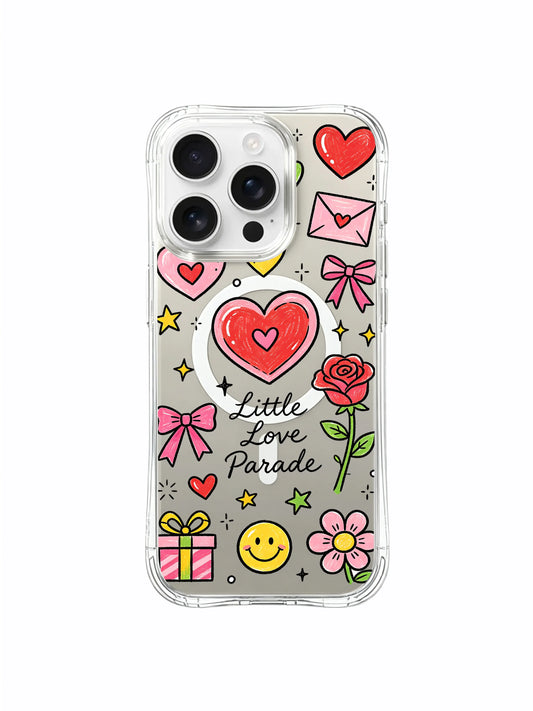 PhoneCasing iPhone 16 Pro Max scratch resistant transparent casing showcasing Little Love Parade gift box, heart and daisy illustration