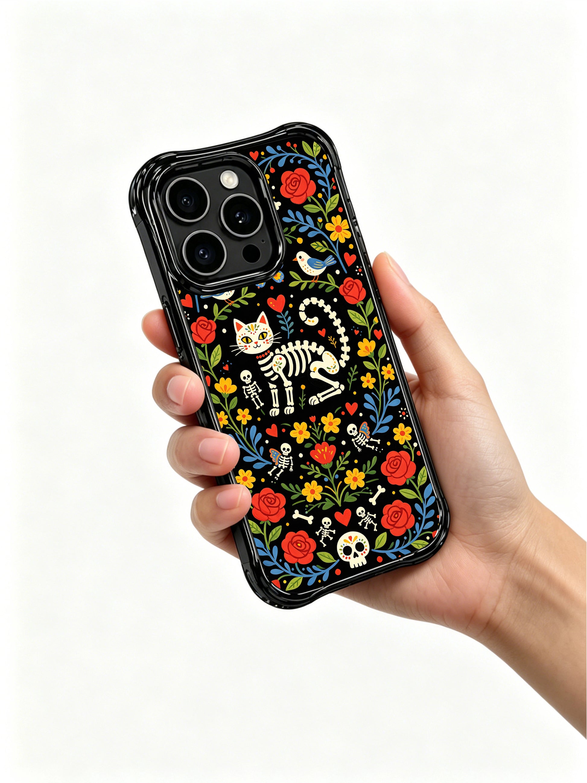Gothic folk art skeleton cat with bones and flowers on PhoneCasing iPhone 16 pro max case, vibrant design with hearts and butterflies.