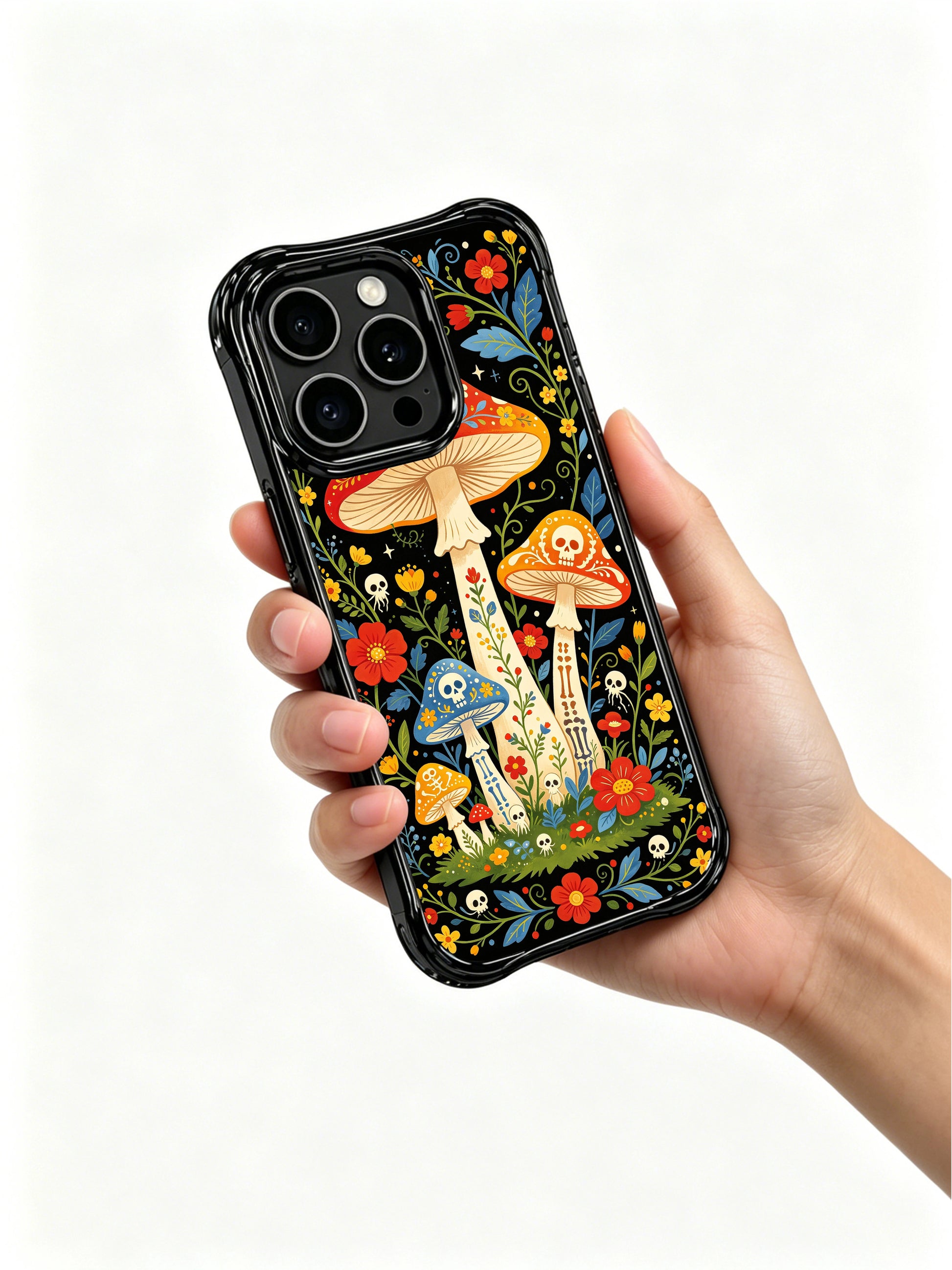 Gothic folk art mushroom forest on PhoneCasing iPhone 16 pro max case, vibrant design with skulls, flowers and vine details.